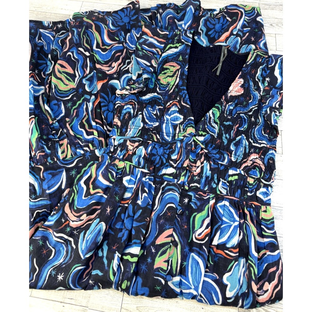 Anthropologie Peregrine Midi Dress Blue Floral Smocked Flutter Sleeve XS